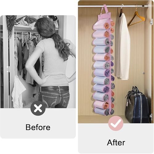 DHSFKBE Legging Organizer Storage, Shirt Organizer, Foldable Hanging Closet Organizer Storage with 26 Roll Independent Compartments for Yoga Pants, Tank Top, Towel, Underwear (Pink) - Image 3