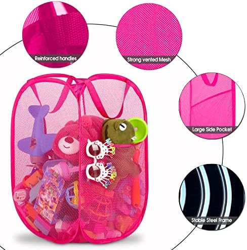 BATTOO Deluxe Strong Mesh Pop up Laundry Hamper Basket with Side Pocket for Laundry Room, Bathroom, Kids Room, College Dorm or Travel 3 Pack Blush - Image 3