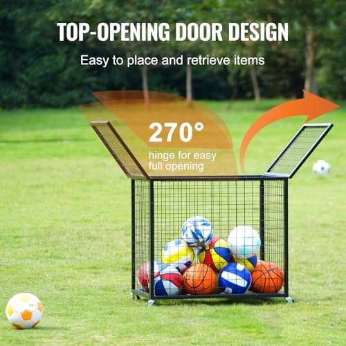 VEVOR Rolling Sports Ball Storage Cart, Lockable Basketball Cage with Double Lids, Sport Equipment Holder Organizer for Indoor Outdoor, Steel Storage Rack for Garages, Playgroup, Gym and Schools - Image 4