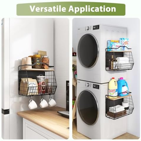 Wawocs Magnetic Shelf for Fridge with Wood Lid, 2 Tier Fruit Baskets Wall Mounted Hanging Basket with 4 Hanger Hooks, Potato and Onion Magnetic Storage Bins for Kitchen Counter, Refrigerator, Cabinet - Image 4