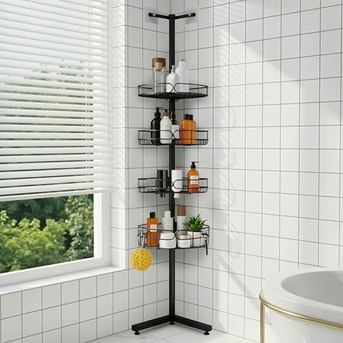 Standing Shower Caddy Corner, 4-Tier Adjustable Height Bathroom Organizer, 6-Section Pole, Sturdy Floor Standing Shelf for Shower – No Drilling, No Spring Tension by Unknown
