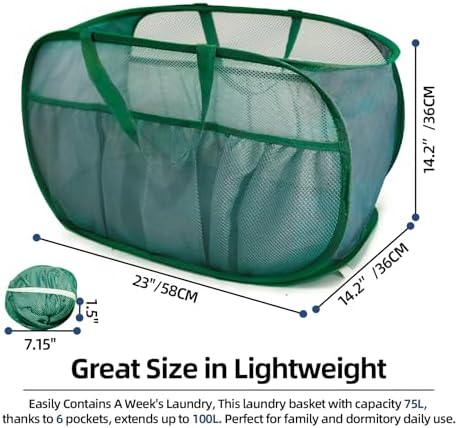 Collapsible Laundry Baskets, Upgrade Pop Up Laundry Hamper with Convenient Bags, Foldable Laundry Basket Mesh Light Weight, Easy to Carry Clothes Hampers for Laundry, Dorm, Toys, Travel Green - Image 4