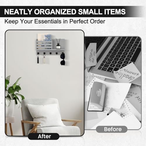 Key Holder Wall Mount, Mail Organizer for Wall with 5 Square Key Hooks - Image 6