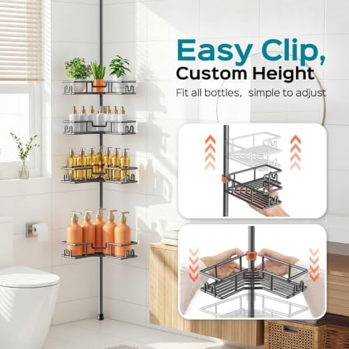 HAMITOR Adjustable Bathroom Storage, 4-Tier Tension Pole Shower Caddy, Gray - Image 6