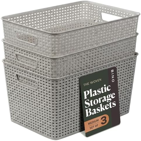 BINO | Plastic Storage Baskets, 22 Liter - 3 Pack, Natural Grey | THE WOVEN COLLECTION | Storage Basket for Shelves | Woven Storage Baskets for Organizing Bins | Pantry Shelf Organizer | Container Bin by BINO