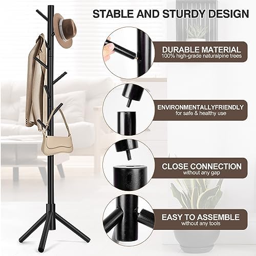 WANGMUXIA Coat Rack, Freestanding Coat Rack with 8 Hooks and 3 Adjustable Size Tree Coat Racks for Bedroom, Hallway, Entrance, Office, for Hats, Coats, Scarves, Handbags - Image 3