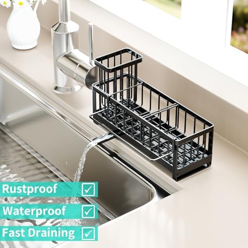 HapiRm Sponge Holder for Kitchen Sink - Self-draining Sink Caddy with Brush and Dishcloth Holder, Stainless Steel Sponge Caddy for Countertop - Black(Large) - Image 5