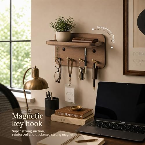 Key Holder Wall Mount, Solid Wood Key Holder for Wall with 4 Brass Hooks & Hidden Magnets, 15° Incline Hooks & Grooved Design to Prevent Slipping, Vintage Brown Key Hanger - Image 6