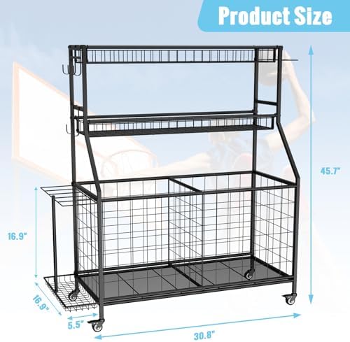 Sports Equipment Garage Organizer - Heavy Duty Garage Organization Ball Storage Rack with Basket, Hooks and Rolling Cart for Sports Gear and Toy Storage, Indoor/Outdoor Use, Black - Image 5