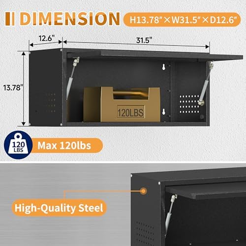 Metal Garage Wall Cabinet with Up-Flip Door,Wall-Mounted Steel Storage Cabinet, Float Tool Cabinet with Pegboard,Upper Cabinet for Kitchen,Garage,Workshop,Warehouse(13.8" H,Black) - Image 2