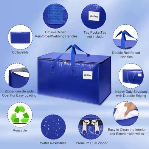 4 Pack XL Heavy Duty Moving Bags with Reinforced Stitching & Smooth Dual Zippers, Large Capacity Storage Totes for Clothes, Closet, Travel & Home Organization, Blue - Image 3