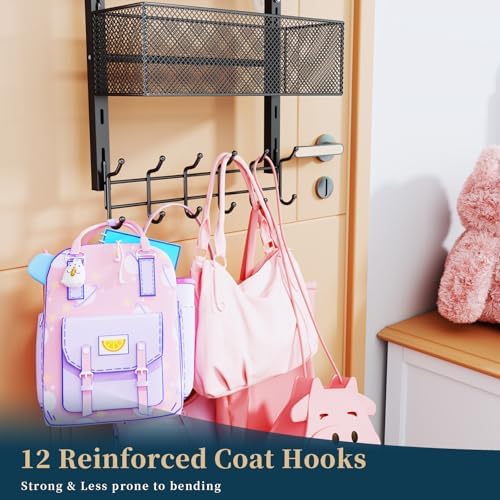 Consumest Over The Door Hooks Organizer - 4 Tier Door Coat Rack with 3 Baskets & 12 Hooks, Stainless Steel Towel Hanger for Bedroom, Bathroom, Living Room, Black - Image 4