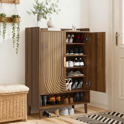 Smuxee Walnut Shoe Cabinet with Line Groove Design, 6-Tier Shoe Storage Cabinet with Adjustable Shelves, Freestanding Shoe Organizer Cabinet for Entryway, Hallway, Closet, Living Room by Smuxee
