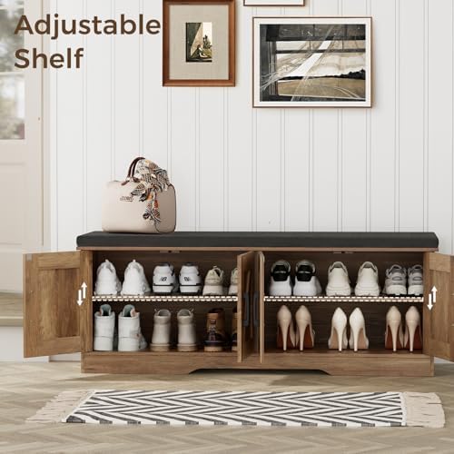 HOMSHO Farmhouse Shoe Storage Bench with 4 Barn Doors & Padded Seat Cushion - Image 4