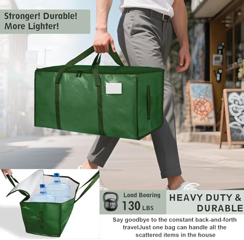 4 Pack-Extra Large Heavy Duty Moving Bags - Waterproof Storage Totes with Handles & Zippers, Foldable for College Dorm, Storage (olive green) - Image 3