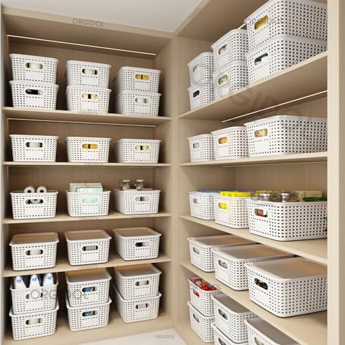ORGIDOL Plastic Storage Basket with Lids 10 Pack Stackable Storage Bins Containers with Lid, Decorative Storage Boxes for Organizing Shelves, Drawers, Playroom, Classroom, Office, Closet, White - Image 2