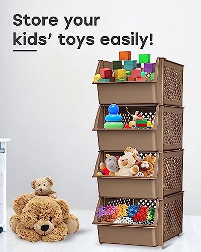 TidyFriend Plastic Stackable Storage Bins for Pantry, 4 Pack Stackable Bins For Organizing Food, Kitchen, and Bathroom Essentials (Brown) - Image 4