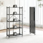 Fenbeli Foldable Shelves with Wheels - 5 Tier Folding Shelf, Collapsible No Assembly Metal Shelving Unit, Origami Storage Shelves & Rolling Storage Rack with 8 Hooks for Kitchen Pantry Garage - Image 3