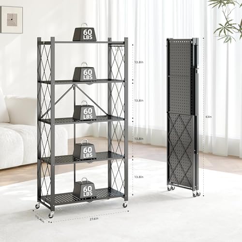 Fenbeli Foldable Shelves with Wheels - 5 Tier Folding Shelf, Collapsible No Assembly Metal Shelving Unit, Origami Storage Shelves & Rolling Storage Rack with 8 Hooks for Kitchen Pantry Garage - Image 3