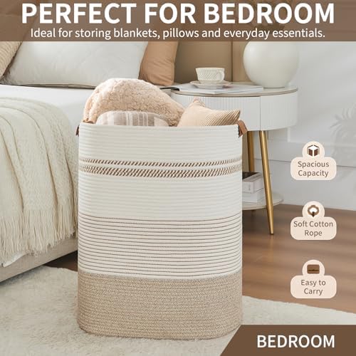 AINUOQI Laundry Basket with Handles - Blanket Basket & Hampers for Bedroom Aesthetic, Laundry Hamper & Blanket Storage for Living Room, Clothes Hamper, Tall, Large 17" x 14" x 22”, Light Brown & White - Image 6