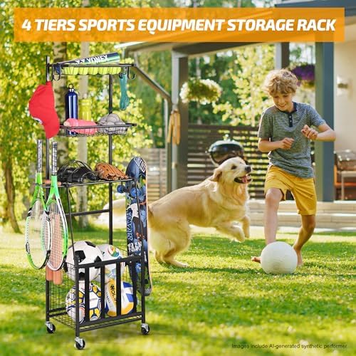 PLKOW Sports Equipment Storage for Garage, Indoor/Outdoor Sports Rack for Garage, Ball Storage Garage Organizer with Basket and Hooks,Toy/Sports Gear Storage - Image 6