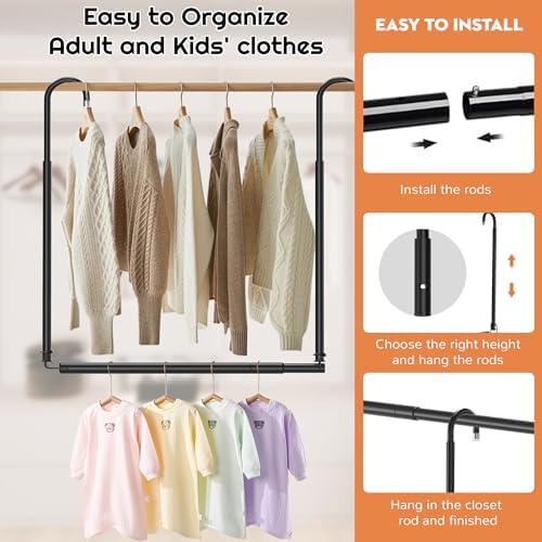 Hanging Closet Rod Adjustable Width Height Closet Rods For Hanging Clothes Black 2 Pack Closet Extender Hanging Rod Clothes Space-Saving Hanging Bar Organizer - Image 6