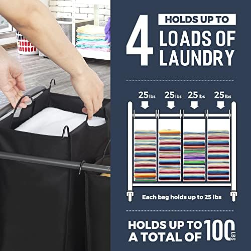 STO STO Laundry Sorter 4 Section, 4 Bag Clothes Hamper, Rolling Laundry Cart Basket with Heavy Duty Lockable Wheels and Removable Bag for Laundry Room, Bedroom, Closet, Black - Image 4