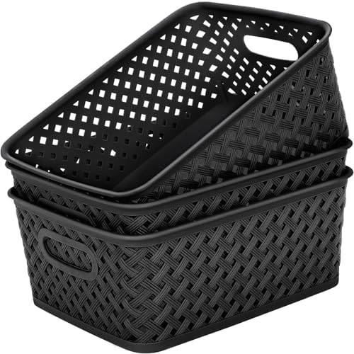 MaxGear 3 Pack Plastic Storage Baskets, Medium, Black by MaxGear
