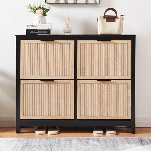 4-Flip Drawer Shoe Cabinet Narrow Entryway Rack, Oak & Black - Image 6