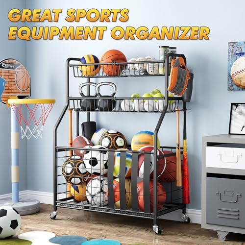 APEXCHASER Sports Equipment Organizer, Rolling Garage Ball Storage Rack - Image 6
