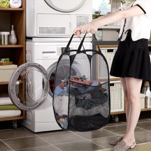 BATTOO Strong Mesh Pop Up Hampers for Laundry, Collapsible Laundry Baskets with Side Pocket Carry Handles for Laundry Room, Bathroom, Kids Room, College Dorm or Travel Black - Image 5