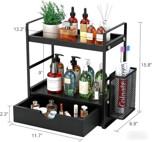 LEMIKKLE Bathroom Counter Organizer with Basket, Bathroom Organizers and Storage,Skincare Organizers for Vanity,Storage Organizers for Bathroom, Kitchen, Dresser (Black with Drawer) - Image 3