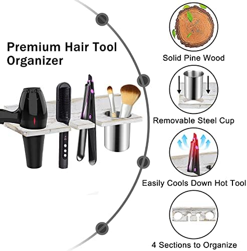 Hair Tool Organizer Wall Mounted, Sturdy Pine Wood Construction, Removable Stainless Steel Cup, Holds Hair Dryers, Straighteners, Curling Irons, Brushes, and More, White - Image 4