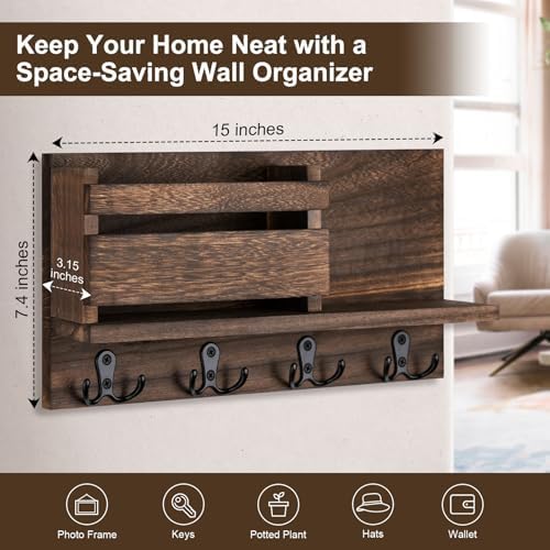 Key and Mail Holder for Wall Decorative - Rustic Mail Organizer Wall Mount, Wooden Letter Sorter Organizer with 4 Key Rack Hooks for Hallway Kitchen Farmhouse Decor (Brown) - Image 2