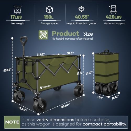 HIKEMOON 150L Collapsible Wagon Compact with Big Wheels, 420LBS Green - Image 3