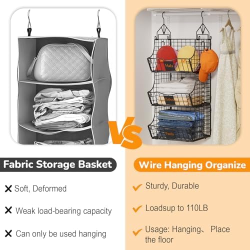 Hanging Closet Organizers and Storage, 3 Tier Closet Shelf Clothes Organizer with 2 S-Hooks, Multi-Functional Iron Wire Baskets, for Clothing, Sweaters, Handbags, Hat, Canned - Image 6