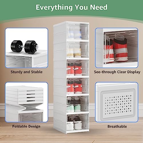 Shoe Storage Organizer Box 6-Tier Foldable Collapsible Stackable Shoe Rack Bins, Fit Size 12, No Assembly, for Men and Women - Image 5