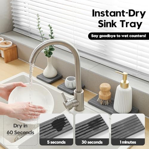 3 Pack Diatomite Stone Sink Tray, Water Absorbing Mat for Kitchen & Bathroom Counter, Quick Dry Soap Dish Makeup Vanity Caddy,Sponge Holder Organizer, Dark Gray 1pc of 8"x 3.8" and 2pcs of 3.8"x 3.8" - Image 3
