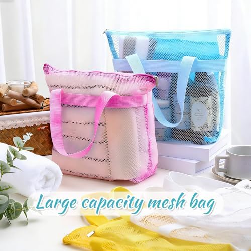 6 Pcs Mesh Beach Bags Bulk Portable Mesh Shower Caddy Bags with Zipper & 2 Pockets Hanging Toiletry and Bath Organizer for Beach Gym Camp Swimming Travel College Dorms (Macaron Color) - Image 4