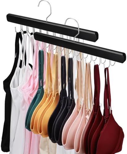 NECAMOCU 2 Pack Bra Hanger for Closet Organizer, Premium Tank Top Hangers | Black Wooden Bra Holder with 36 Foldable Hooks, 360° Rotating Design, Space Saving Storage for Tank Tops, Bras, Belts by NECAMOCU