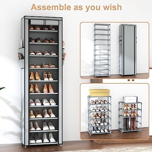 VTRIN Vertical Narrow Shoe Rack Organizer Tall Shoe Rack for Closet Entryway 10 Tier Non-Woven Cover Shoe Shelf Holds 20-22 Pairs Free Standing Shoe Storage Cabinet with Dustproof Cover, Grey - Image 5