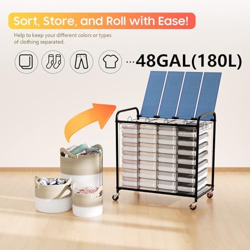 Laundry Sorter 4 Sections 48 Gal, Rolling Laundry Basket with Wheels ＆ Lid - Image 6