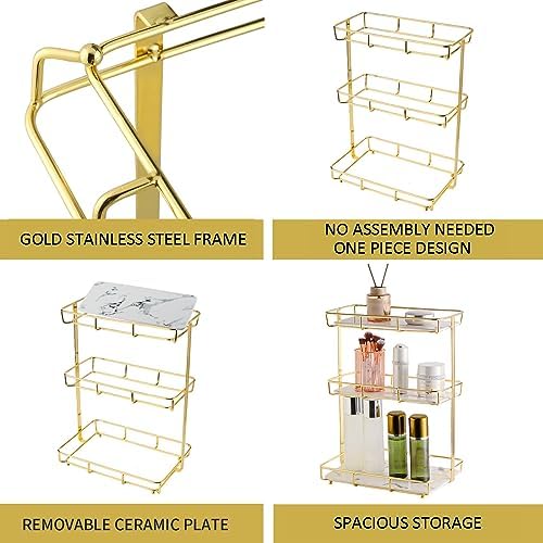 Bathroom Organizer Countertop Perfume Organizer Makeup Organizer Cosmetics Storage Display Rack Vanity Tray Dresser Stainless Steel Gold Shelf White Marble Ceramic Tray - Image 4