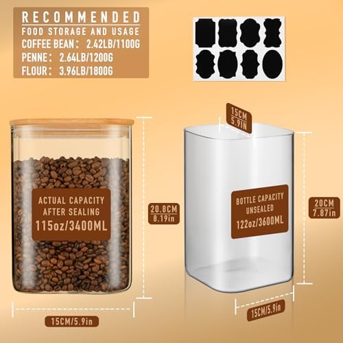 D2scrma 115oz Airtight Glass Square Storage Canister with Bamboo Lid Set of 2(3400ml*2) Large Storage Container Gallon Glass Jars, for Sugar, Flour, and Coffee bean (with Black Lable) - Image 2