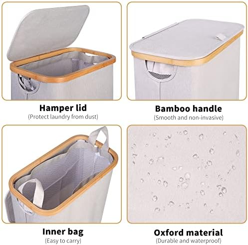 65L Slim Laundry Hamper, Narrow Laundry Basket with Lid,Foldable Clothes Hamper with Bamboo Handles,Hamper Basket with Removable Inner Bag for Laundry Room Bedroom College Dorm,17.17 Gals（Light Grey） - Image 3