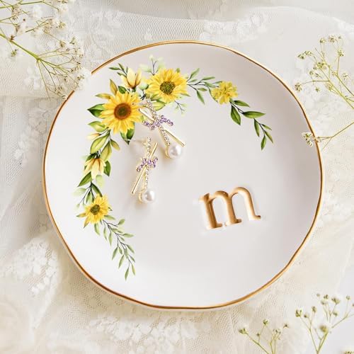COLLECTIVE HOME - Ceramic Jewelry Tray, Trinket Dish for Rings Earrings Necklaces Bracelet Watch Keys, Birthday Mother's Day Christmas Gift for Women, 4.75", White Surface wirh Sunflowers (m) by COLLECTIVEHOME