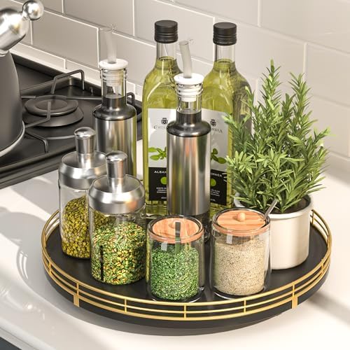 Oroyutor 12-Inch Oak Lazy Susan Spice Organizer with Gold Metal Rail by Oroyutor
