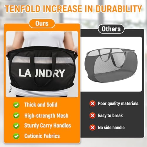 Collapsible Laundry Baskets, Tear-proof Dirty Clothes Hampers for Laundry, Foldable Laundry Basket with Dual Handles, Easy to Carry Pop Up Hamper for Bedroom, Bathroom, Dorm, Laundry Room Black - Image 6