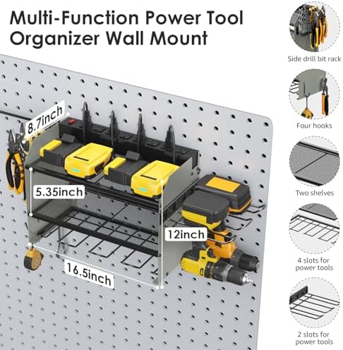 CCCEI Modular Power Tool Organizer Wall Mount Charging Station, Grey 6 Drills Holder with 8 Plug Power Strip 10FT, Garage Drill Battery Heavy Duty Metal Shelf, Utility Rack with Hooks, Side Storage. - Image 5