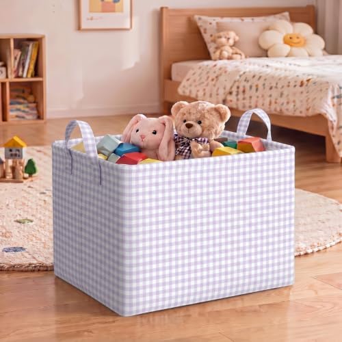 Hushee Purple Gingham Basket Checkered Storage Collapsible Bin with Handles - Image 5